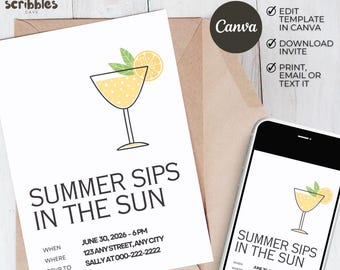 Summer Party, Happy Hour Invitation, Sunshine, Cocktail Party Invite, Beach Day, Editable Canva 5x7