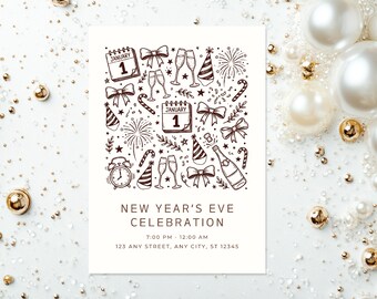 Könnte beinhalten: Einladungskarte für eine Silvesterfeier mit handgezeichneten Illustrationen von Sektgläsern, Schleifen, Partyhüten und Feuerwerk. Die Karte enthält den Text "NEW YEAR'S EVE CELEBRATION" und Veranstaltungsdetails.
