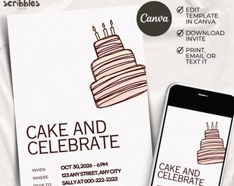 Cake and Celebrate Invitation, Birthday Party Invite, Cake Theme Event, Editable Canva 5x7