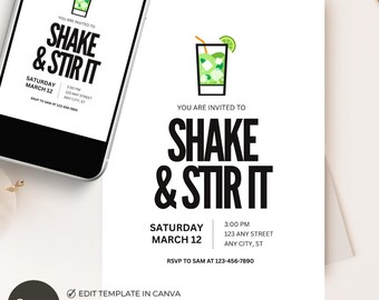 Shake and Stir Invitation, Cocktail Party Invite, Mixology Event, Editable Canva 5x7
