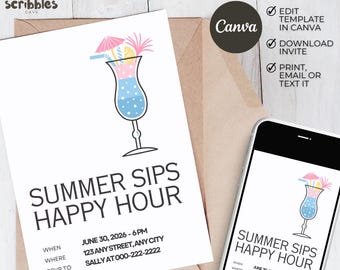 Summer Happy Hour Invitation, Cocktail Party Invite, Drinks Night Event, Editable Canva 5x7
