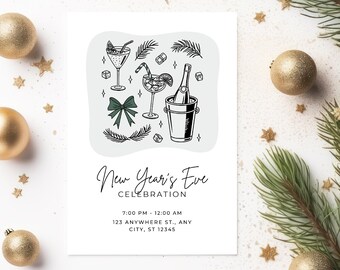 May include: A New Year's Eve Celebration invitation card with a festive design. The card features illustrations of cocktails, ice cubes, a champagne bottle in a bucket, and a bow. The text reads "New Year's Eve Celebration".