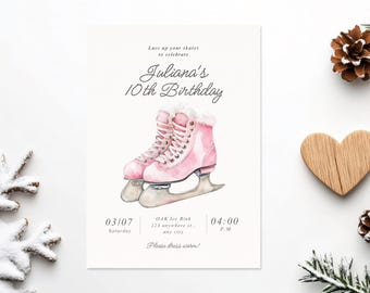 Ice Skating Birthday Party Invitation, Winter Party Invite, Pink Skates Template (Digital Download)