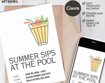 Summer Pool Party Invitation, Cocktail Drinks, Editable Canva Template (5x7)