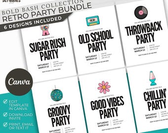 Retro Party Invitation Bundle, 6 Bold Bash Designs, Editable Canva Templates (5x7)