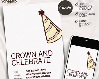Crown and Celebrate Birthday Invitation, Party Hat Design (Editable Canva 5x7)
