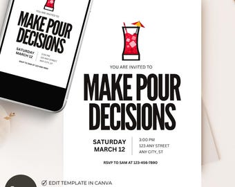 Make Pour Decisions Invitation, Cocktail Party Invite, Drinks Night Event, Editable Canva 5x7