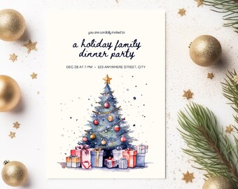 Holiday Family Dinner Party Invitation: Christmas Tree, Editable Template (Digital Download 5x7in PDF file)