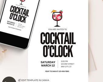 Cocktail O'Clock Invitation, Drinks Party Invite, Happy Hour Event, Editable Canva 5x7