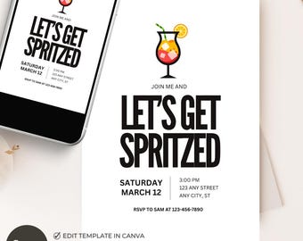 Let's Get Spritzed Invitation, Spritz Party Invite, Cocktail Night, Birthday, Bachelorette, Editable Canva 5x7