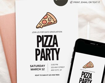 Pizza Party Invitation, Kids Birthday Invite, Food Party Template, Editable Canva 5x7