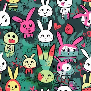Graffiti Bunny Seamless Pattern: Colorful Digital Paper (5 Designs) (PNG)