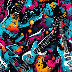 Naadloze png-patronen Retro gitaren Gitaar Digitaal papier 5 ontwerpen Kleurrijke graffiti Tegel png
