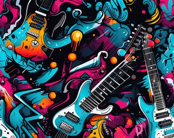 Seamless Patterns - Retro Guitars - Guitar Digital Paper - 5 Designs -   Colorful Graffiti Patterns -   PNGS Fabric Patterns