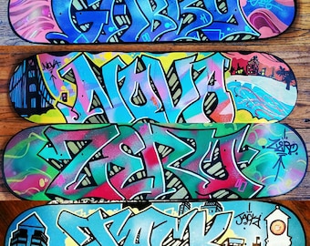 Custom Graffiti Skateboard Deck Painted Personalized Full Graphic Graffiti Name Wall Art Or Fully Built And Rideable With Trucks, Wheels