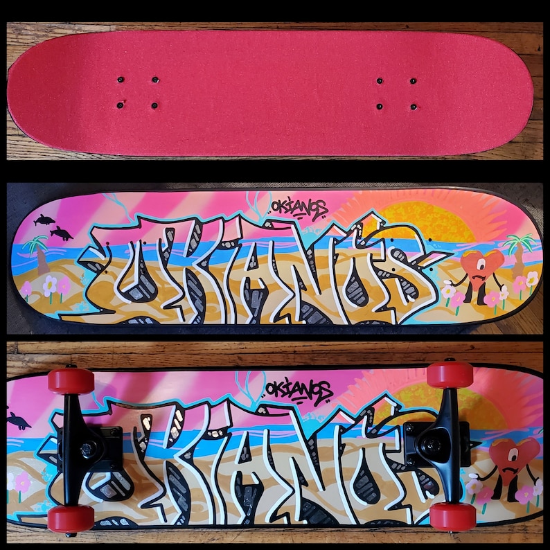 "Okianos" custom painted graffiti skateboard (full build) painted and built by Orikal Uno of Graff Roots Media - custom griptape and wheels to match customer's request.