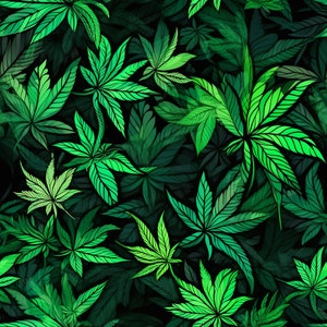 May include: A seamless pattern of dark green and light green cannabis leaves on a black background.