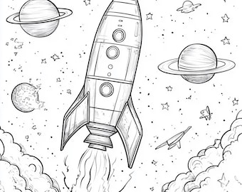 Fun Space Printable Coloring Pages | PNG Format | Instant Download | 5 Pages | Rocket Ships | Pack 03
