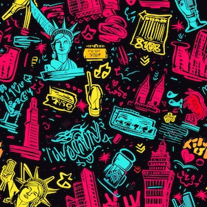 PNG Seamless Patterns Colorful New York City NYC Colorful Graffiti Digital Paper 5 Designs    Pack 1 Tile