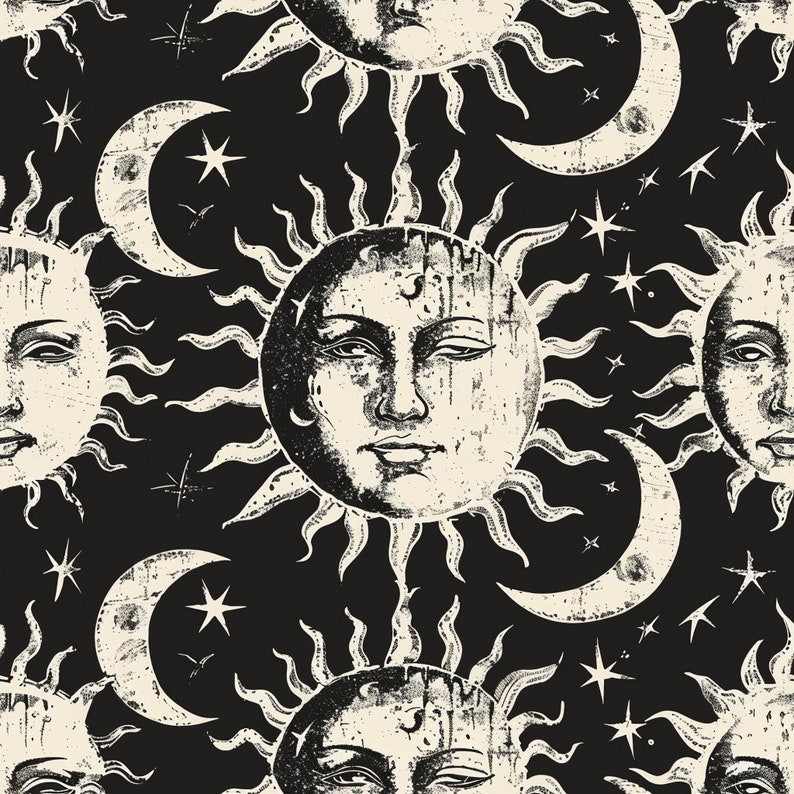 Seamless Patterns - Sun and Moon - Monochrome Graffiti Digital Paper - 5 Designs - PNGS