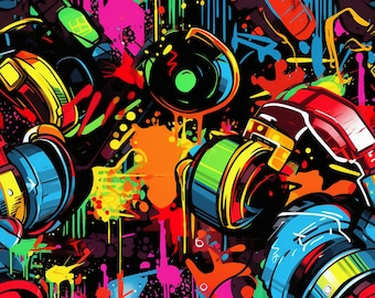 PNG Seamless Patterns DJ Headphones Graffiti Digital Paper 4 Designs   Hip Hop Digital Paper Tile