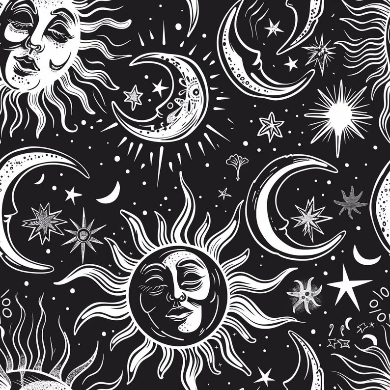 Seamless Patterns - Sun and Moon - Monochrome Graffiti Digital Paper - 5 Designs - PNGS