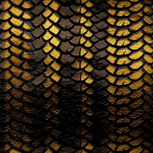 May include: A close-up of a textured, black and gold fabric with a scaly pattern. The fabric has a shiny, almost metallic finish.