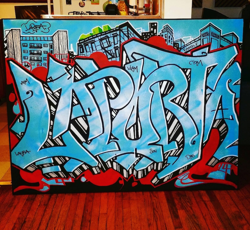 Custom name / word graffiti street art stretched canvas original painting , large artwork gift (up to 6\u0027x6\u0027) , FREE SHIPPING