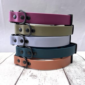 Könnte beinhalten: Fünf Hundehalsbänder, die übereinander gestapelt sind. Die Halsbänder bestehen aus einem gummiartigen Material und sind in fünf verschiedenen Farben erhältlich: Pink, Grün, Hellblau, Dunkelblau und Orange. Jedes Halsband hat eine schwarze Metallschnalle und zwei schwarze Metallringe.