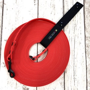 May include: A coiled red dog training lead with a black handle and a black clip. The handle has the text "DITSY PET." in colourful letters. The lead is made of a durable, waterproof material.
