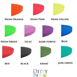 May include: A selection of waterproof webbing in a range of colours: neon orange, pink, yellow, green, lilac, dark purple, blue, red, black, khaki, and jade green. The text "WATERPROOF WEBBING COLOURS" is at the top.