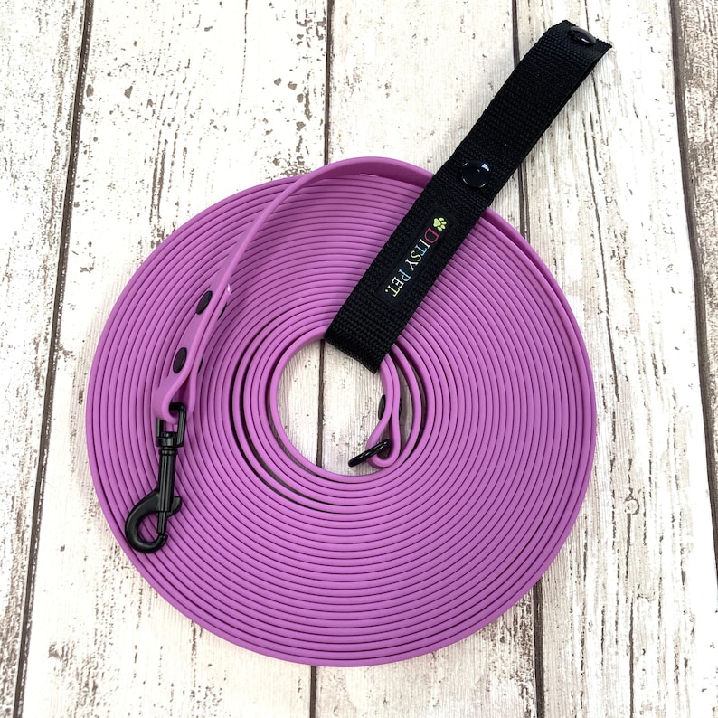 May include: A coiled, lilac-coloured dog lead with a black handle and hardware. The lead has a black snap hook and is labelled "DITSY PET." The handle is black with a snap closure.
