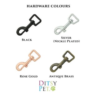 May include: Image displaying four swivel clips in various hardware colours: black, silver (nickel plated), rose gold, and antique brass. Each clip has a square loop. The text "HARDWARE COLOURS" is at the top.
