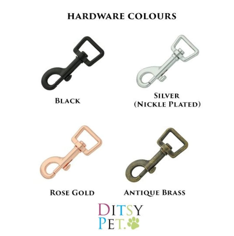 May include: Image displaying four swivel clips in various hardware colours: black, silver (nickel plated), rose gold, and antique brass. Each clip has a square loop. The text "HARDWARE COLOURS" is at the top.