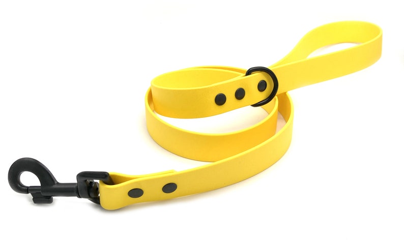 May include: A bright yellow dog leash with a black metal clip and three black accents. The leash is made of a durable rubber material.