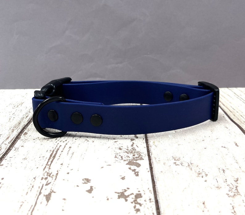 May include: A dark blue silicone dog collar with a black buckle and D-ring. The collar has three black dots on the front.