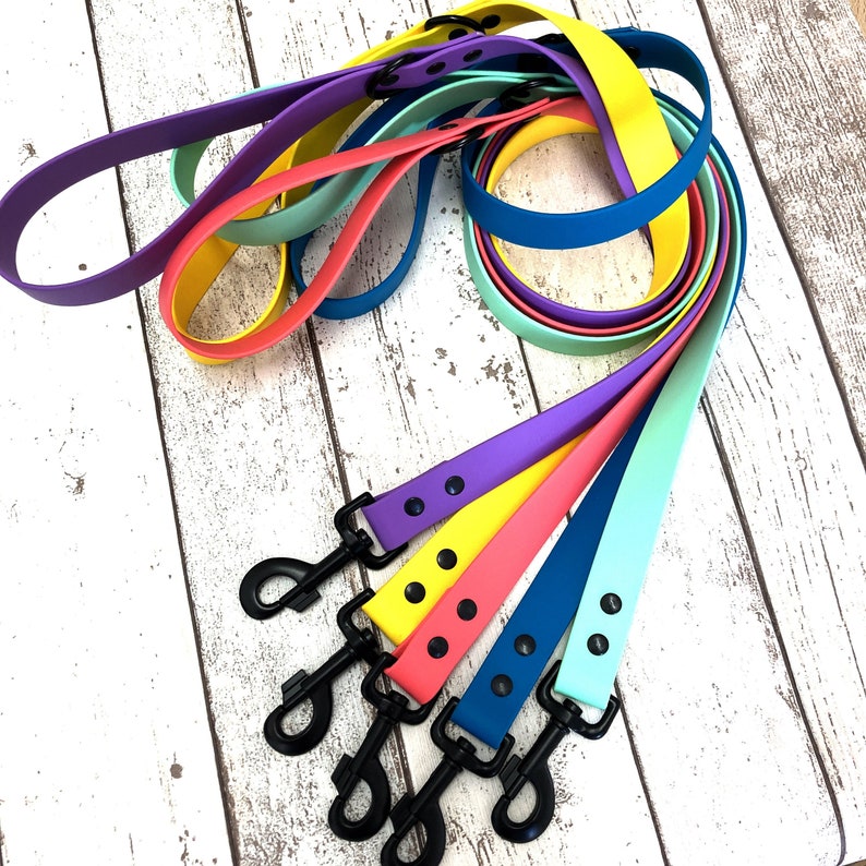May include: A set of colorful dog leashes in various shades of blue, purple, yellow, pink, and green. The leashes are made of a durable, rubber-like material and feature a black clip at the end.