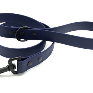 May include: A navy blue rubber dog leash with a black metal clip and black metal accents.