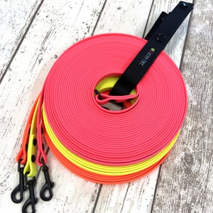 May include: A coiled, vibrant pink dog training lead with a black handle and clips. The lead is layered with yellow and orange leads. The black handle features the text "DITSY PET."