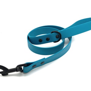 May include: A turquoise blue dog leash with a black metal clip and a black metal ring. The leash is made of a durable rubber material.