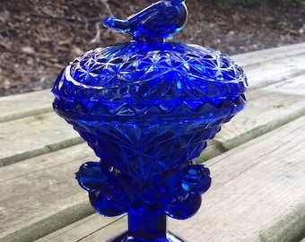 Vintage Cobalt Blue glass Bird bath birds cage Hofbauer Style Byrides bluebird on a Pedestal covered Ring Case gifts mother&#39;s day keepsake