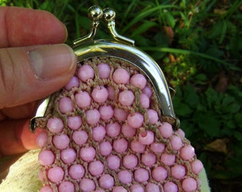 Vintage Baby Pink Beaded Coin Pouch Midcentury Modern Change  display picture 1