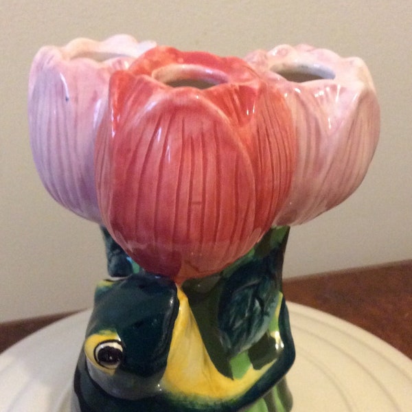 vintage Valentines Flower frog tulip vase, Tulip arranger vase, Vintage Flower & frog vase, Floral green Ceramic Frog vase, flower bouquets