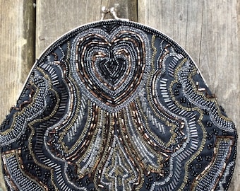 Vintage iridescent beaded hand bag purse, classy formal fashion wardrobe accessories wedding gothic goth grad prom Flapper bags movie props