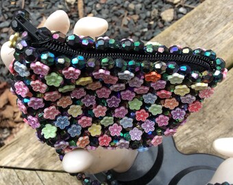 Vintage Purple Pink Beaded small Purse, retro multi color 80s Change Purse, Mini Iridescent Coin Purse, change wallet teen fashion gifts