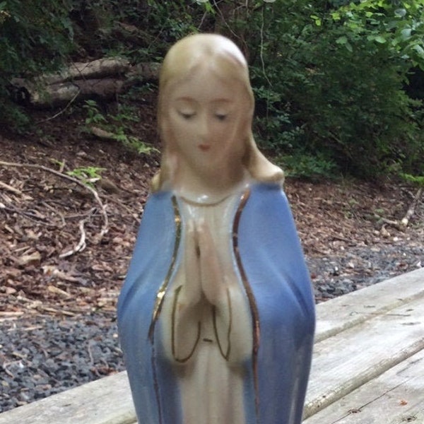 Vintage religious porcelain Virgin Mary praying figurine statue blue robe, Easter Christian decor Mother Mary Our Lady of Perpetual Help