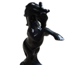 Vintage carved black stallion rearing horse figurine, retro black Rearing Horse figurine on stand, carved obsidian ? resin composite horse