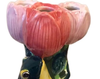 vintage spring time blossoms Flower frog tulip vase Tulip arranger vase Floral green Ceramic Frog vase, flower bouquets mother's day gifts