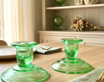 Vintage Green Uranium Glass Candlestick Holders, Glow MCM Candle