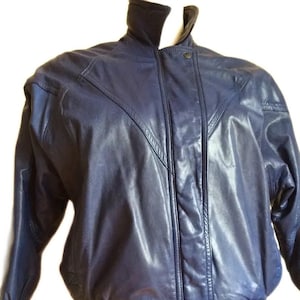 vintage 80s navy blue leather women's Jacket retro fashions cropped biker bomber glam roxy